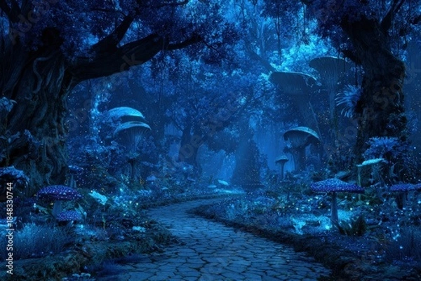 Obraz Glowing Path Through Magical Blue Forest at Night