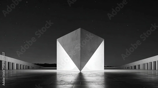 Obraz Monochromatic Concrete Cube Structure At Night