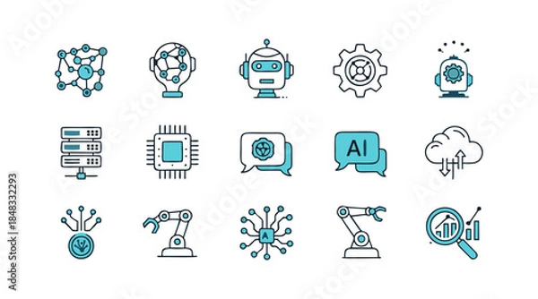 Obraz Vector Illustration of AI, Robotics, and Technology Icons Featuring Machine Learning, Robotics, Cloud Computing, and Data Analysis