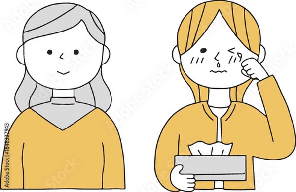 Fototapeta 花粉症の症状がある人とない人単色