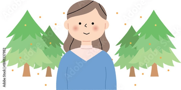 Fototapeta 花粉を飛ばす杉の木と笑顔の女性