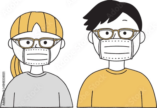 Fototapeta 花粉保護のメガネとマスクをした男女単色