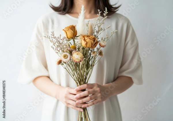Obraz 清楚な装いの女性が持つ、可憐なドライフラワーのブーケ