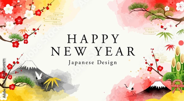 Obraz 和風お正月デザイン背景｜富士山・鶴・門松・梅・新年