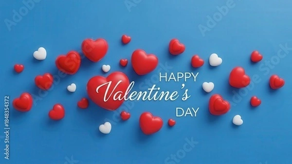 Fototapeta Happy Valentine's Day with red and white hearts on blue background