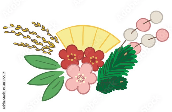 Obraz 正月飾り（松竹梅、扇、稲、紅白餅花）の線ありイラスト