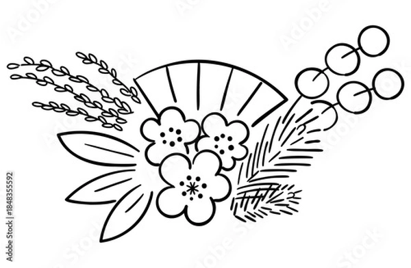 Obraz 正月飾り（松竹梅、扇、稲、紅白餅花）の線画イラスト