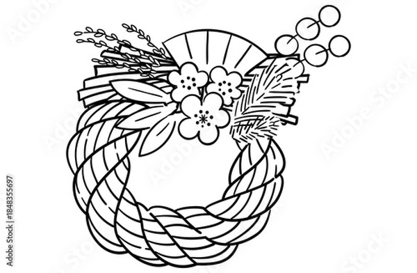 Obraz 松竹梅のしめ縄（輪飾り）の線画イラスト