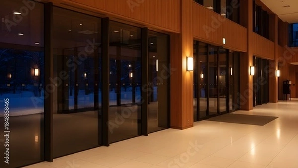 Obraz ガラス張りエントランスの夜間ロビー