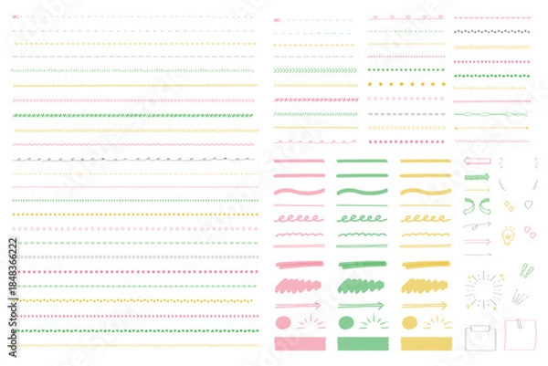 Obraz 手書きの区切り線・強調用のマーカー・あしらいイラスト素材のセット 　ーカラフルで明るい色ー