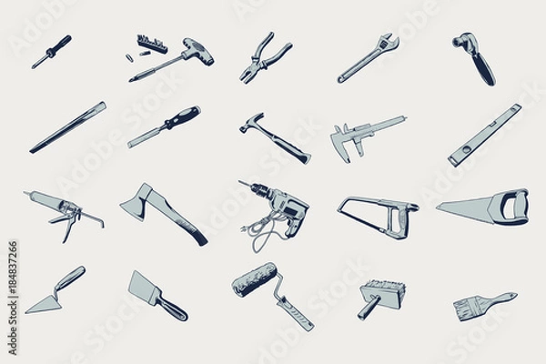 Fototapeta Stock vector illustration set isolated icons building tools repair, construction buildings. Adjustable wrench, ax, bit screwdriver, brush, calipes, chrisel, drill, hacksaw, hummer, key ratchet, level.