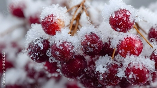 Obraz 雪をまとった赤い果実のクローズアップ