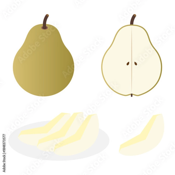 Obraz 洋梨とカットされた洋梨のシンプルなイラストセット