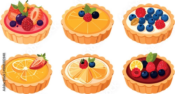 Fototapeta Assorted Fruit Tarts Collection with Fresh Berries and Citrus Desserts Illustration