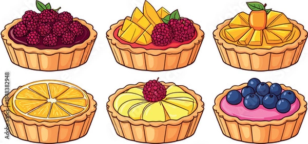 Fototapeta Assorted Fruit Tarts Set with Berries and Citrus Desserts Illustration