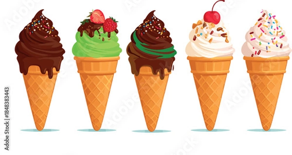 Fototapeta Colorful Ice Cream Sundae Cones Collection with Chocolate and Fruit Toppings