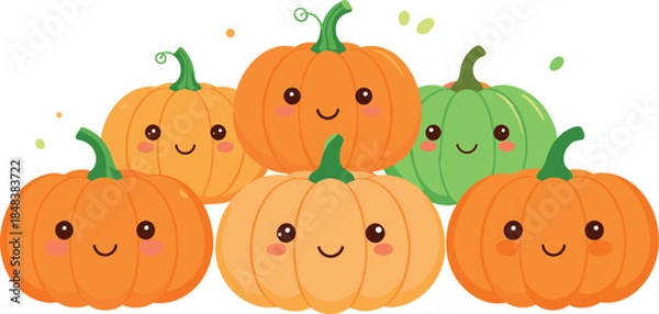 Fototapeta Cute Smiling Pumpkins Cartoon Set with Happy Autumn Characters Illustration