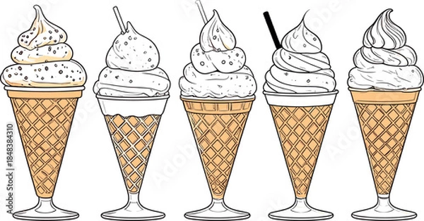 Fototapeta Hand Drawn Ice Cream Sundae Cones Set