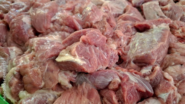 Obraz Raw Diced Beef Meat Chunks for Cooking Close Up