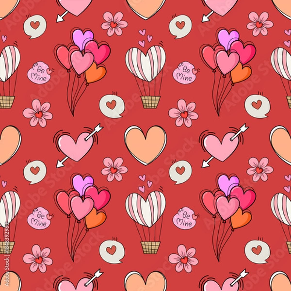 Obraz Love's Whimsical tapestry : A charming, romantic seamless pattern filled with delightful hearts, floral, hot air balloons and arrow elements, set against a cheerful red background.