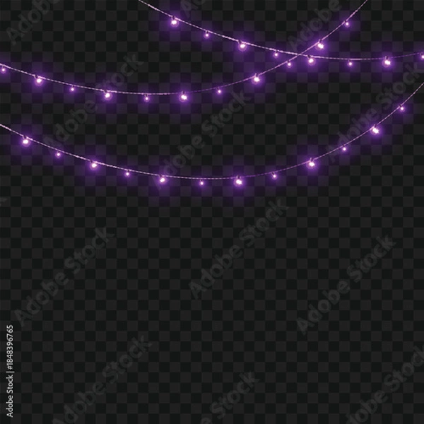 Obraz Christmas Purple Glowing String Lights Garland Border on Transparent Background. Vector