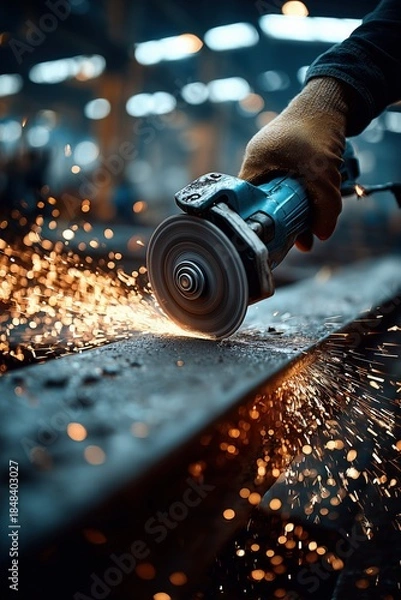 Fototapeta Worker Using Angle Grinder with Sparks Flying in Workshop Environment