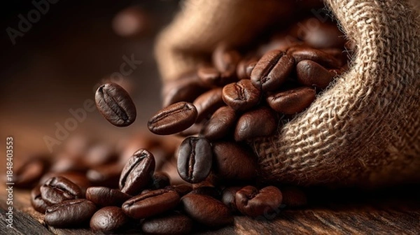 Fototapeta Freshly Roasted Coffee Beans Spilling from Jute Bag on Wooden Table Surface
