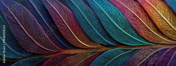 Fototapeta Vibrant Multicolored Leaf Patterns Reflecting Light in a Dark Background