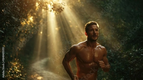 Obraz Man Running Through Sunlit Forest Path with Mist and Sunrays