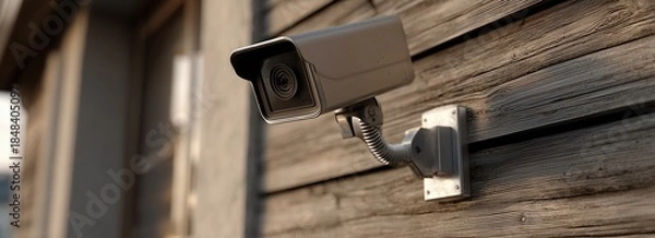 Fototapeta High-Quality Surveillance Camera Mounted on Rustic Wooden Wall for Security Monitoring