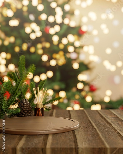 Obraz Pinecone and diffuser aside wooden tray at counter table across Christmas tree with light decoration