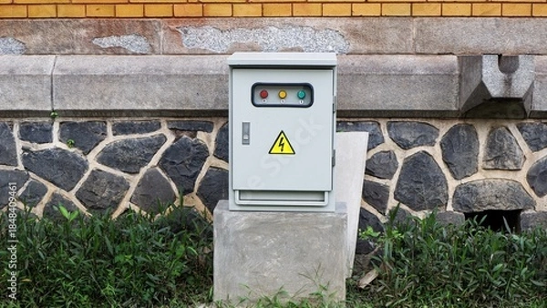 Fototapeta An outdoor electrical control panel with a yellow high voltage warning sign and status lights, mounted on a concrete base against a stone and brick wall in a garden area.