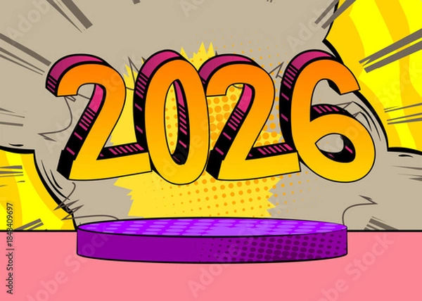 Obraz Comic Book Product podium stage for mockup presentation with 2026. Retro comics background.