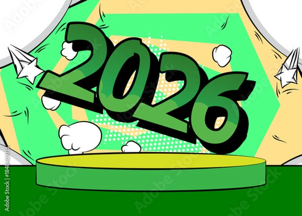 Obraz Comic Book Product podium stage for mockup presentation with 2026. Retro comics background.