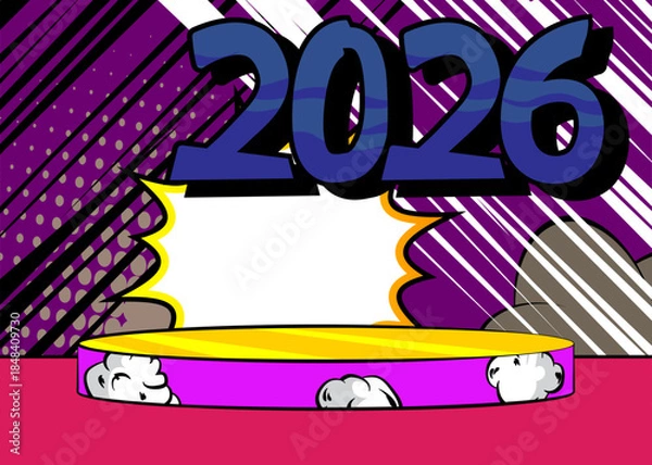 Obraz Comic Book Product podium stage for mockup presentation with 2026. Retro comics background.
