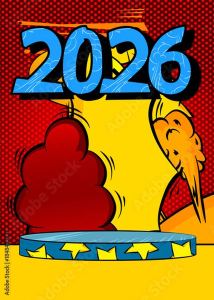 Obraz Comic Book Product podium stage for mockup presentation with 2026. Retro comics background.