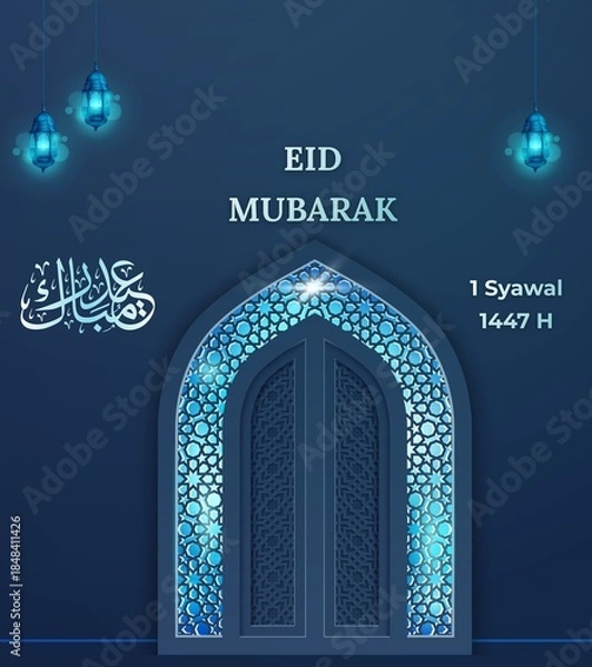 Obraz Eid Mubarak 1447 H greetings card design with Islamic elements on dark background. Islamic template design for greeting card, banner, poster, social media posting
