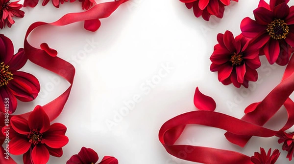 Obraz Red Floral Frame with Ribbon on White Background