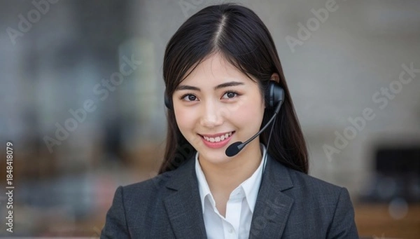 Obraz 若くてかわいい日本人女性の電話オペレーター、グレーのジャケットと白いシャツを着て微笑んでいる