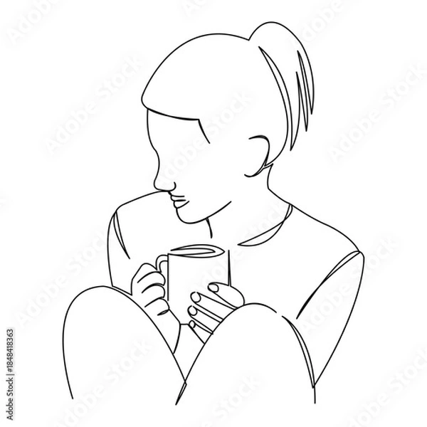 Fototapeta One continuous single drawing line art flat doodle cup, tea, girl, drink, female, coffee, beauty, hot, beverage. Isolated image hand draw contour on a white background
