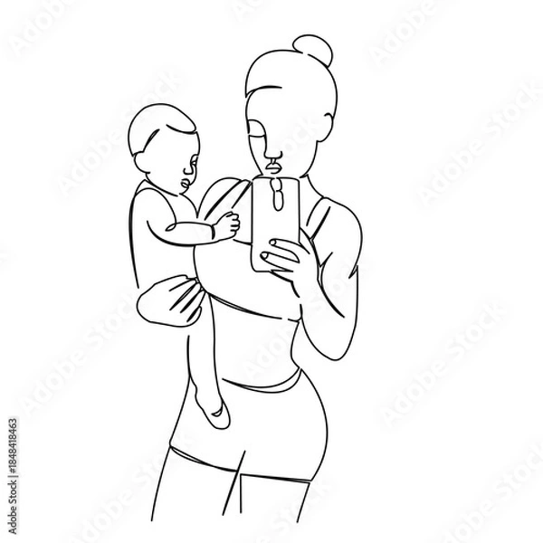 Fototapeta One continuous single drawing line art flat doodle mother, child, sport, fitness, healthy. Isolated image hand draw contour on a white background
