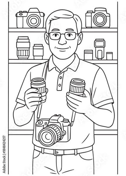 Obraz Coloring book Dad holding camera and lens in camera shop