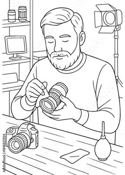 Obraz Coloring book Dad cleaning camera in workspace