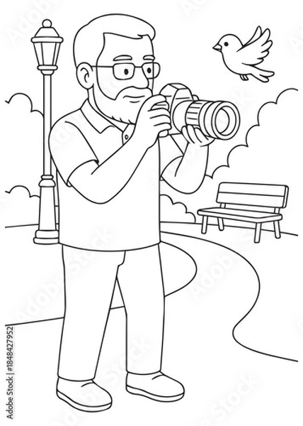 Obraz Coloring book Dad photographing bird flying in park