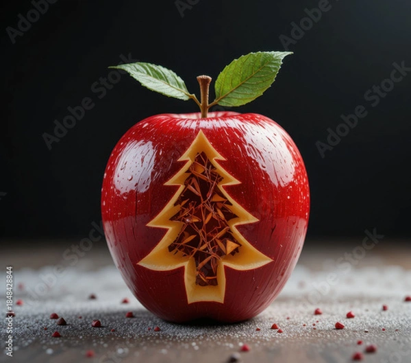 Obraz Shiny red apple with carved Christmas tree design stands on wooden surface, surrounded by small red seeds. apple glossy texture and intricate carving create festive and artistic appearance