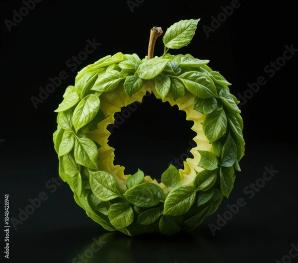 Obraz Creatively carved green apple with intricate leaf patterns forms circular shape against dark background, showcasing artistic fruit carving