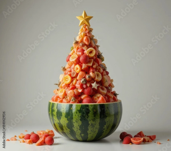 Obraz Creative fruit arrangement shaped like Christmas tree, featuring variety of fruits such as strawberries, bananas, and oranges, is displayed in watermelon bowl with star on top