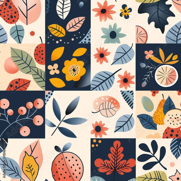 Fototapeta Modern floral vector pattern with decorative flowers and leaves in colorful geometric blocks, seamless botanical background design