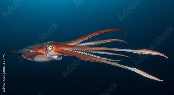 Obraz Giant squid swimming in the deep ocean with long tentacles and massive body. A mysterious deep-sea cephalopod known for its size, intelligence, and elusive nature.