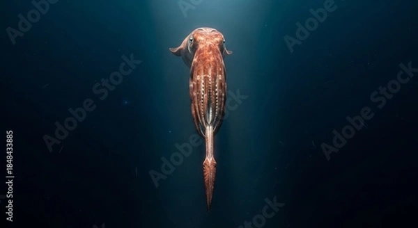 Obraz Giant squid swimming in the deep ocean with long tentacles and massive body. A mysterious deep-sea cephalopod known for its size, intelligence, and elusive nature.